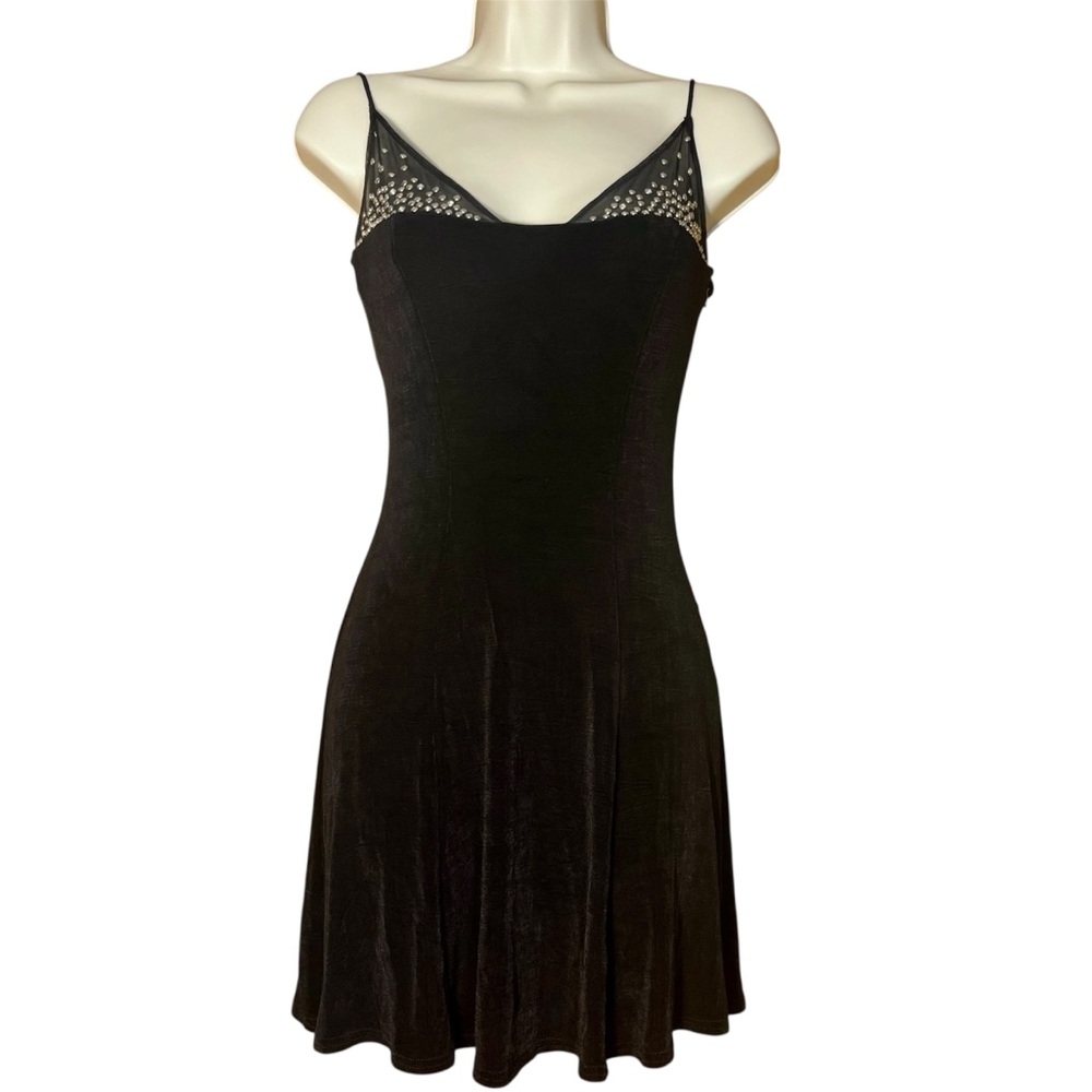 Vintage Tadashi Studded Mini Dress Illusion Sheer Mesh Black XS Witchy Flare 90s